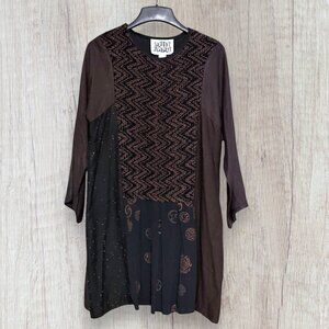 DONNA JESSICA Patchwork Artwear Lagenlook Tunic Dress Brown Black Mixed Media S